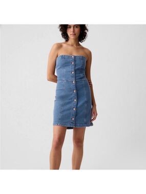 GAP Strapless Denim Medium Acid Wash Button-Front Mini Dress Size Petite Large